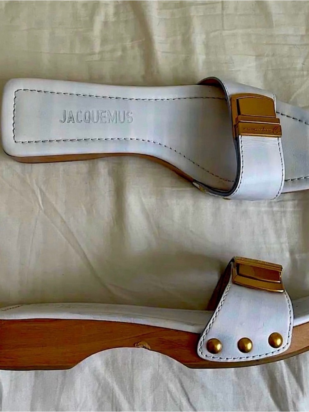 Jacquemus White Leather Slide Sandals with Gold Hardware